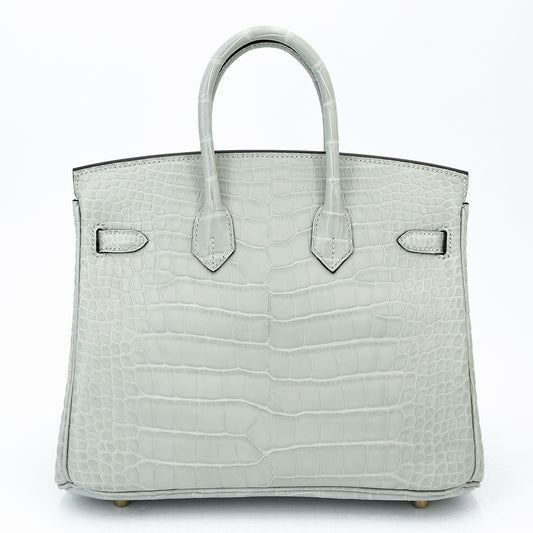 HERMÈS Birkin 25 Gris Neve (0W) Matte Alligator Gold hardware K (2025)
