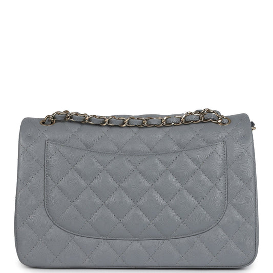 Chanel Jumbo Classic Double Flap Bag Light Grey Shiny Caviar Light Gold Hardware