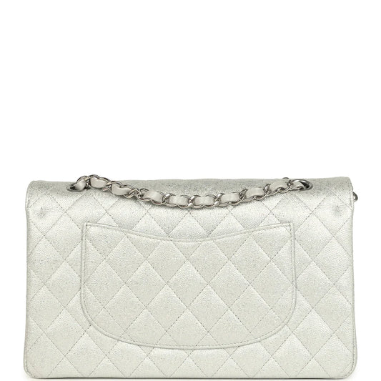 Chanel Medium Classic Double Flap Silver Glitter Caviar Silver Hardware
