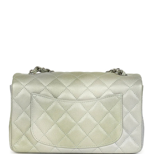 Chanel Mini Classic Rectangular Flap Bag Grey and Green Ombre Iridescent Goatskin Silver Hardware