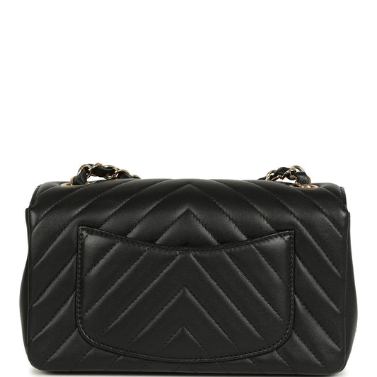 Chanel Mini Chevron Classic Rectangular Flap Bag Black Lambskin Light Gold Hardware