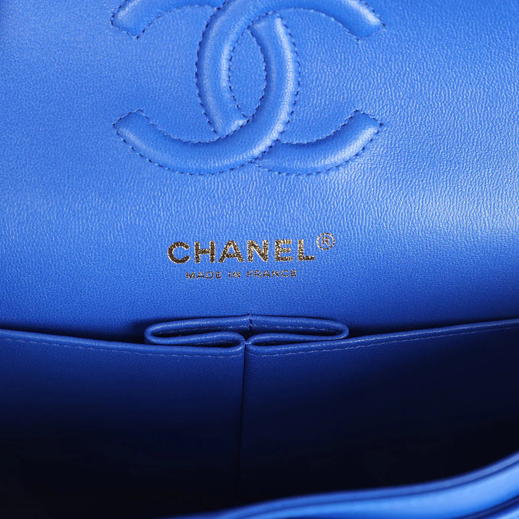 Chanel Small Classic Double Flap Blue Chevron Caviar Light Gold Hardware