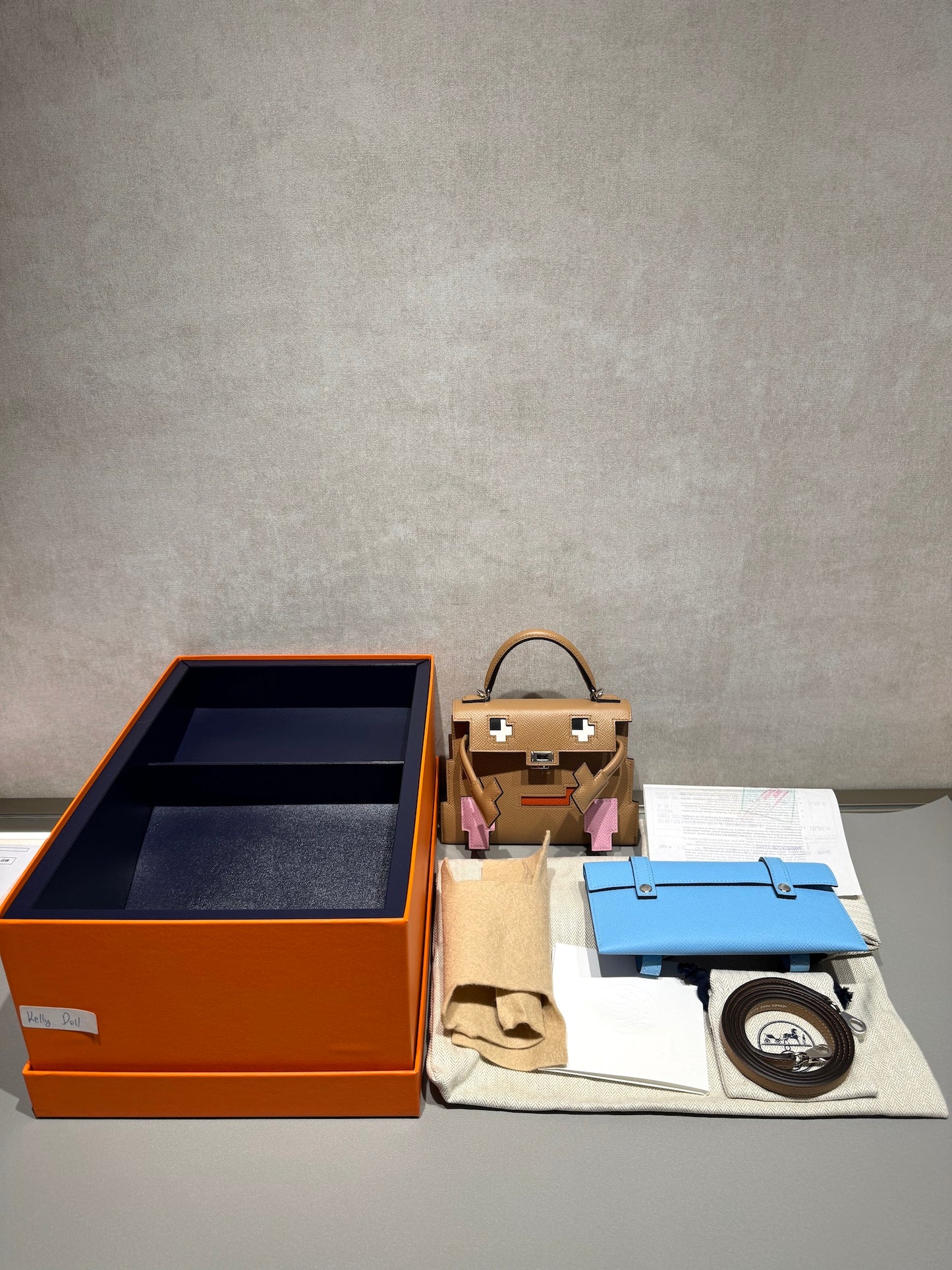 HERMÈS Limited Edition Kelly Doll Picto Chai (0M) Mauve Sylvestre (X9) Celeste (7N) Terre Battue (R1) Epsom Palladium hardware B (2023)