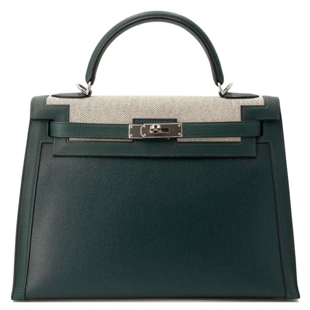 HERMÈS Kelly 32 Sellier Vert Cypress (6O) Swift Toile Berline Palladium hardware D (2019)