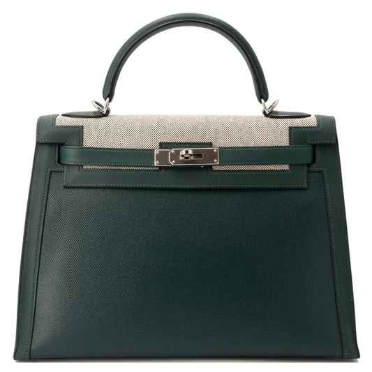 HERMÈS Kelly 32 Sellier Vert Cypress (6O) Swift Toile Berline Palladium hardware D (2019)