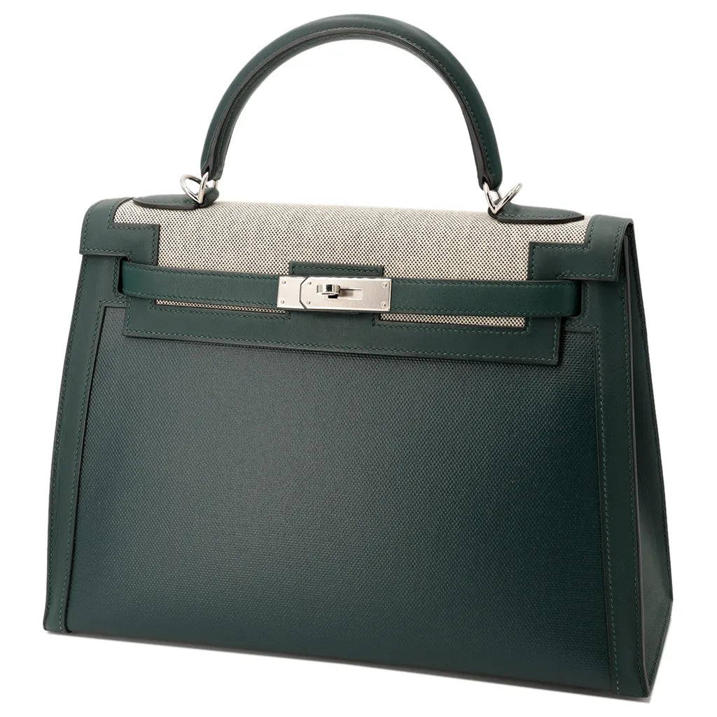 HERMÈS Kelly 32 Sellier Vert Cypress (6O) Swift Toile Berline Palladium hardware D (2019)