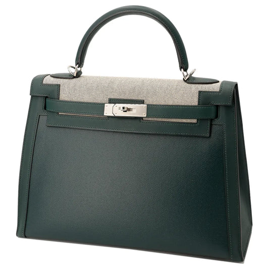 HERMÈS Kelly 32 Sellier Vert Cypress (6O) Swift Toile Berline Palladium hardware D (2019)