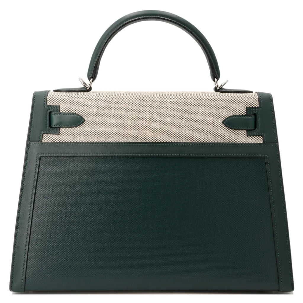 HERMÈS Kelly 32 Sellier Vert Cypress (6O) Swift Toile Berline Palladium hardware D (2019)