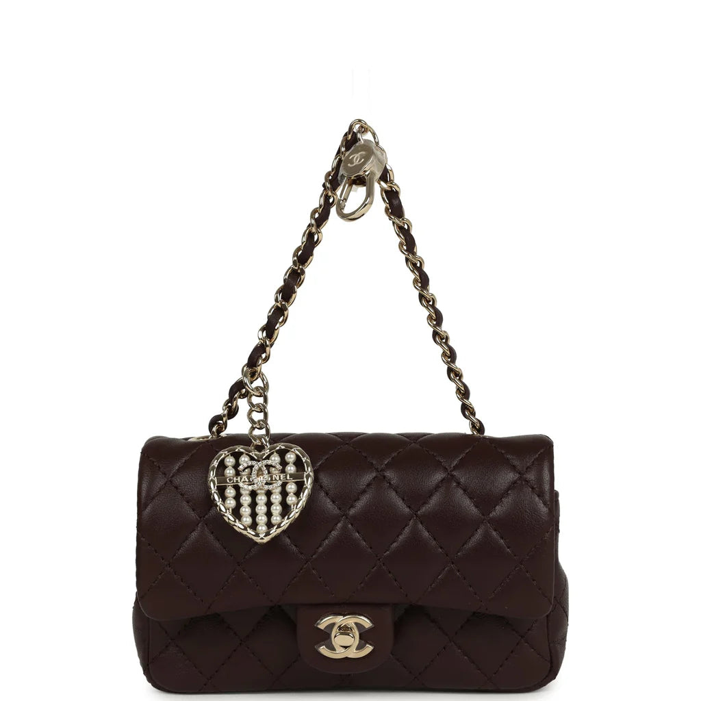 Chanel Nano Classic Double Flap Bag Charm Dark Brown Lambskin Light Gold Hardware