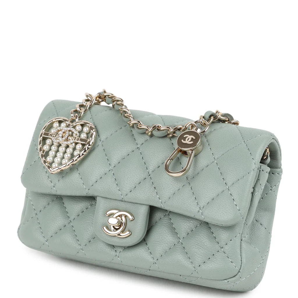 Chanel Nano Classic Double Flap Bag Charm Dark Green Lambskin Light Gold Hardware