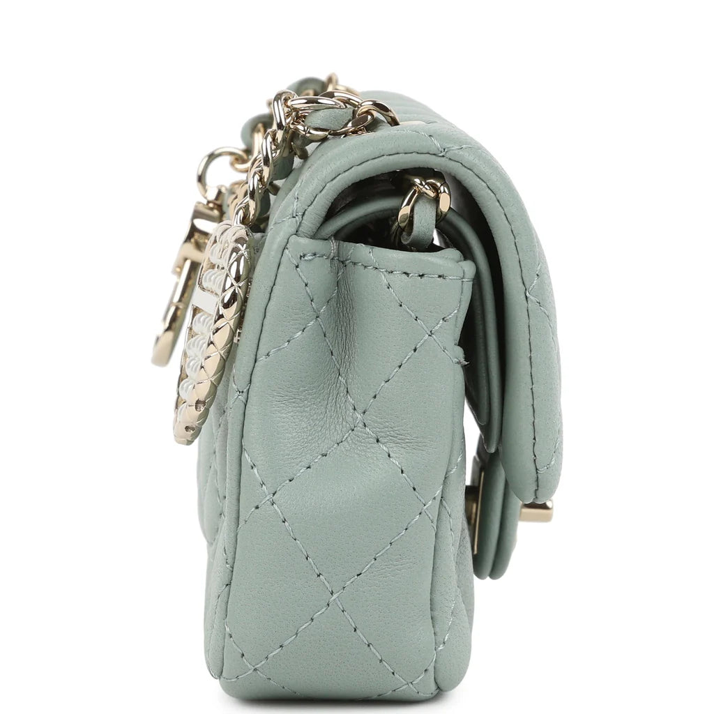 Chanel Nano Classic Double Flap Bag Charm Dark Green Lambskin Light Gold Hardware