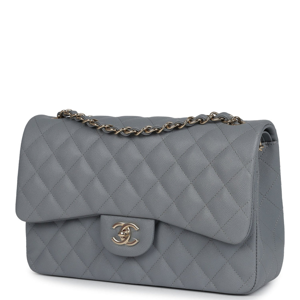 Chanel Jumbo Classic Double Flap Bag Light Grey Shiny Caviar Light Gold Hardware