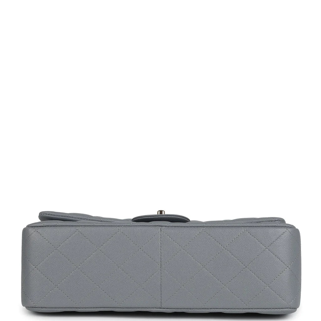 Chanel Jumbo Classic Double Flap Bag Light Grey Shiny Caviar Light Gold Hardware