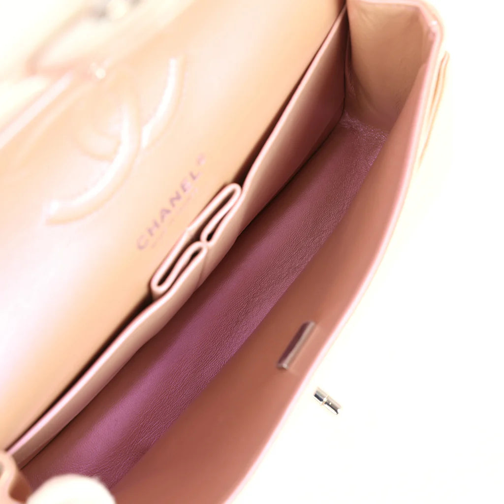 Chanel Medium Classic Double Flap Bag Pink Iridescent Lambskin Silver Hardware