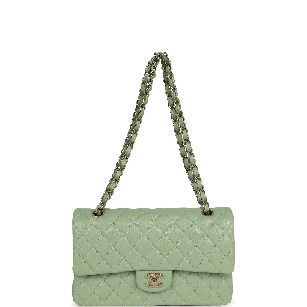 Chanel Medium Classic Double Flap Bag Light Green Caviar Light Gold Hardware