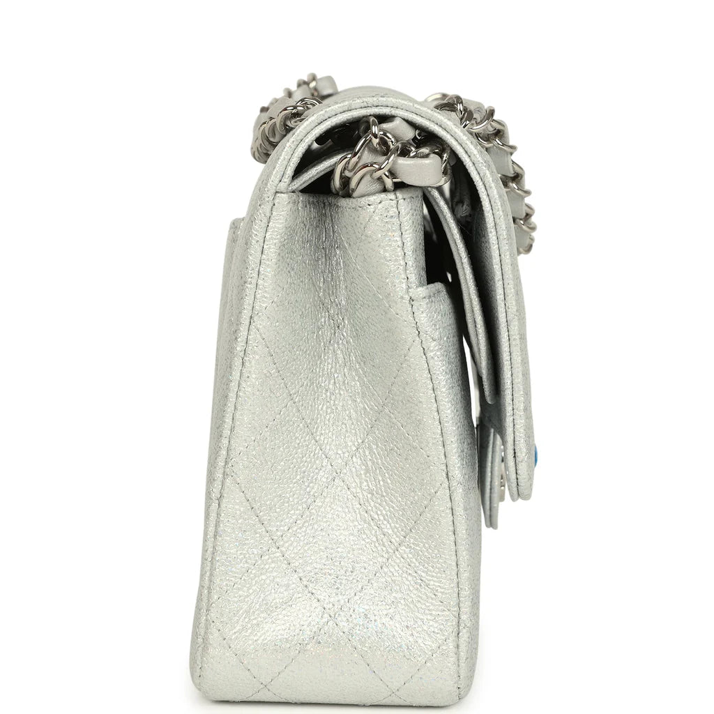 Chanel Medium Classic Double Flap Silver Glitter Caviar Silver Hardware
