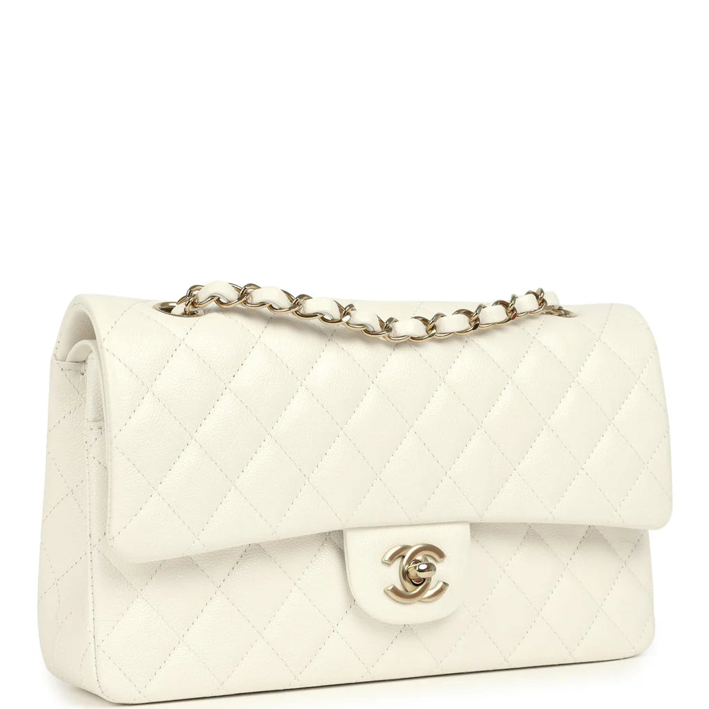 Chanel Medium Classic Double Flap White Caviar Light Gold Hardware 2025