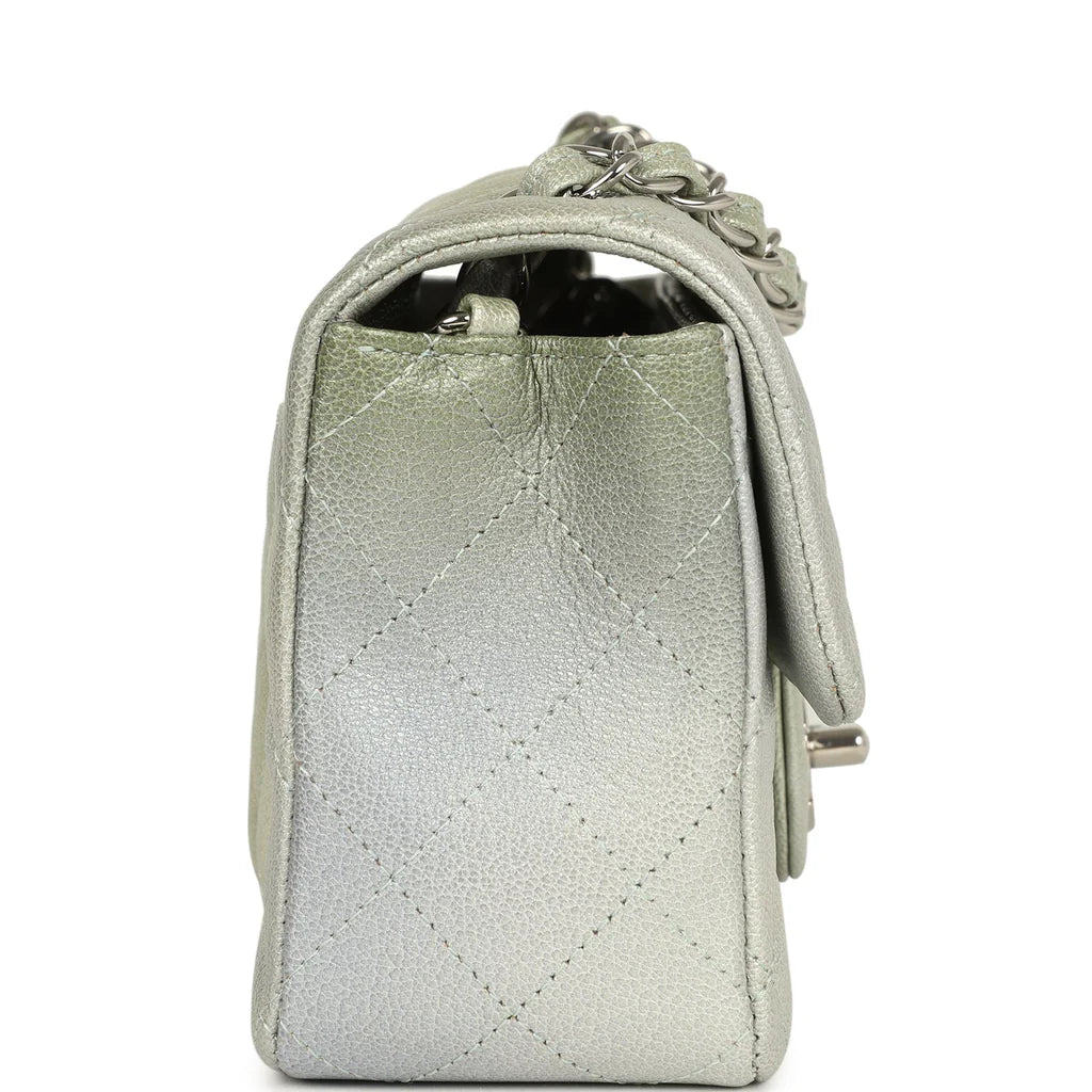 Chanel Mini Classic Rectangular Flap Bag Grey and Green Ombre Iridescent Goatskin Silver Hardware
