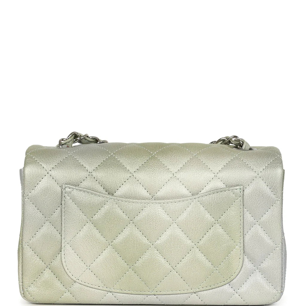 Chanel Mini Classic Rectangular Flap Bag Grey and Green Ombre Iridescent Goatskin Silver Hardware