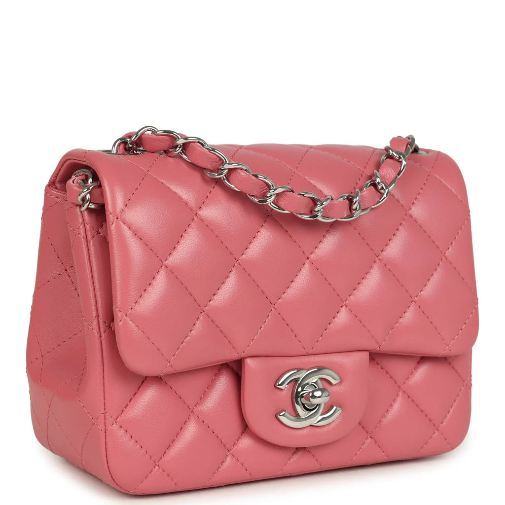 Chanel Mini Classic Square Flap Bag Pink Lambskin Silver Hardware