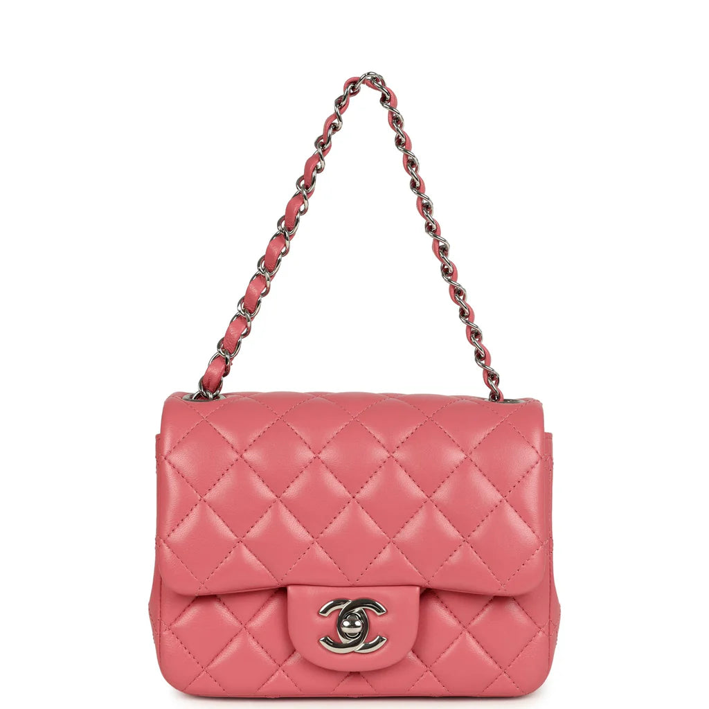 Chanel Mini Classic Square Flap Bag Pink Lambskin Silver Hardware