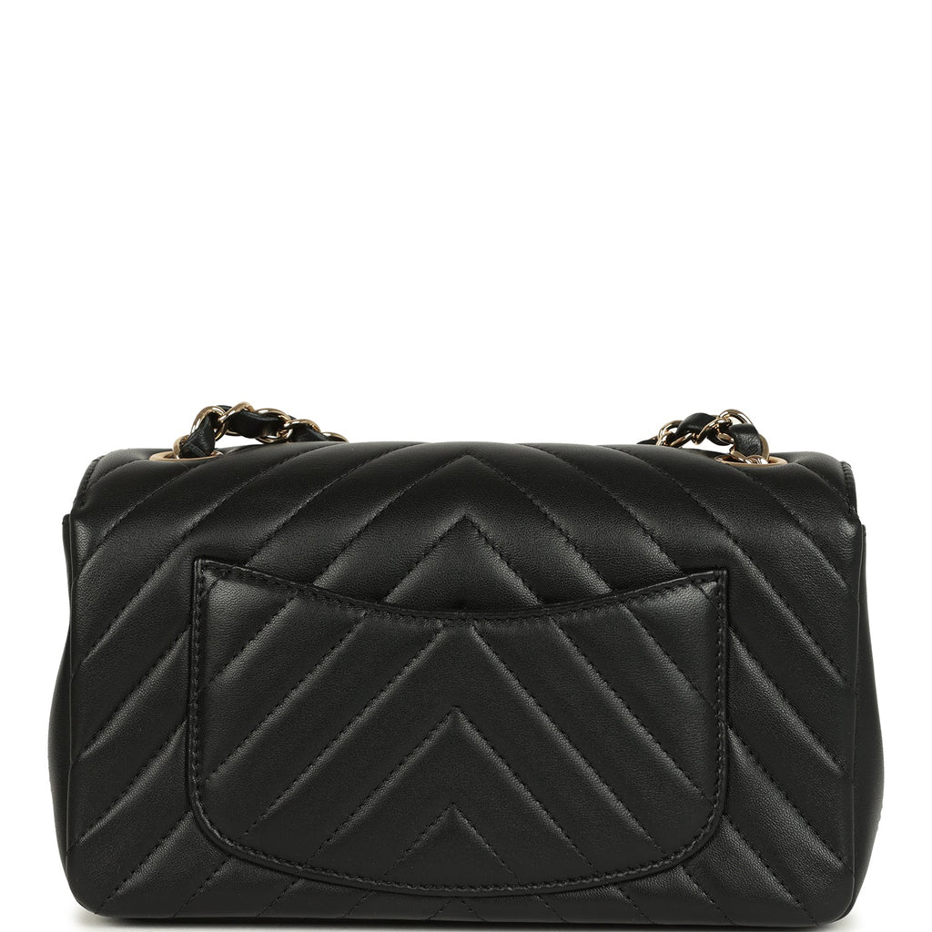 Chanel Mini Chevron Classic Rectangular Flap Bag Black Lambskin Light Gold Hardware