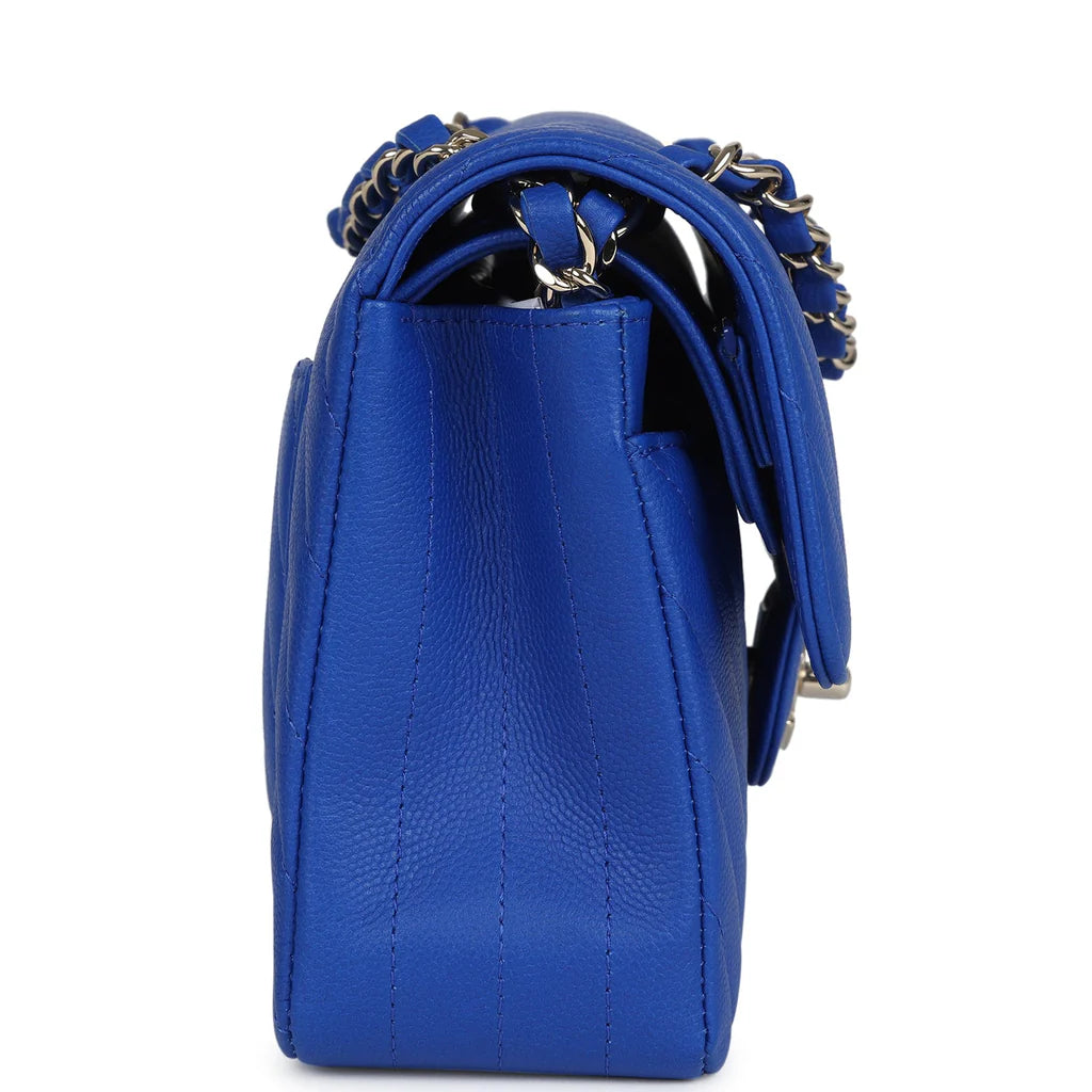 Chanel Small Classic Double Flap Blue Chevron Caviar Light Gold Hardware