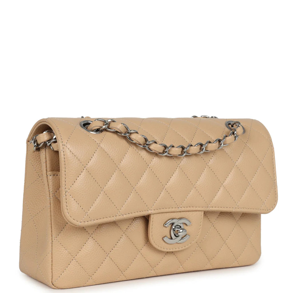 Chanel Small Classic Double Flap Bag Beige Caviar Silver Hardware 2025