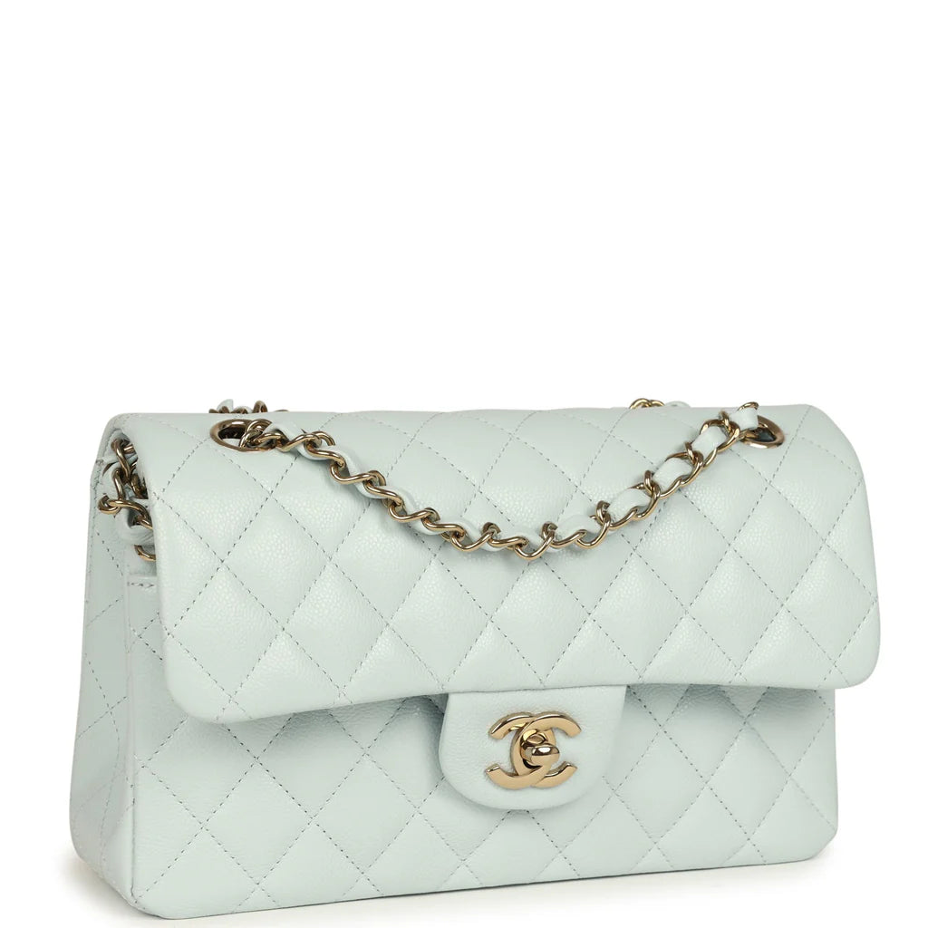 Chanel Small Classic Double Flap Bag Light Blue Shiny Caviar Light Gold Hardware