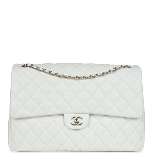 Chanel XXL Classic Single Flap Bag White Shiny Caviar Light Gold Hardware 2025