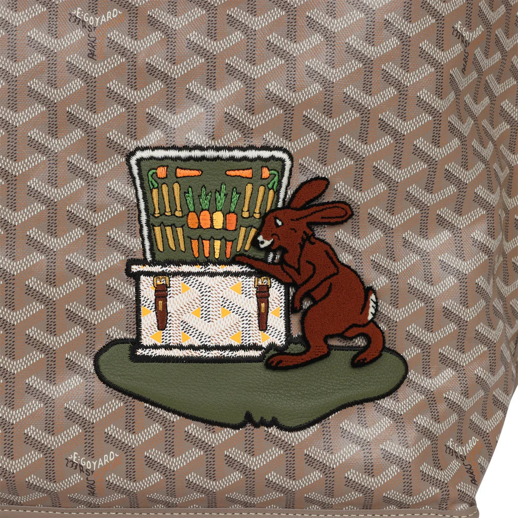 Goyard Goyardine Greige Anjou PM Embroidered Bunny Khaki Bag Palladium Hardware