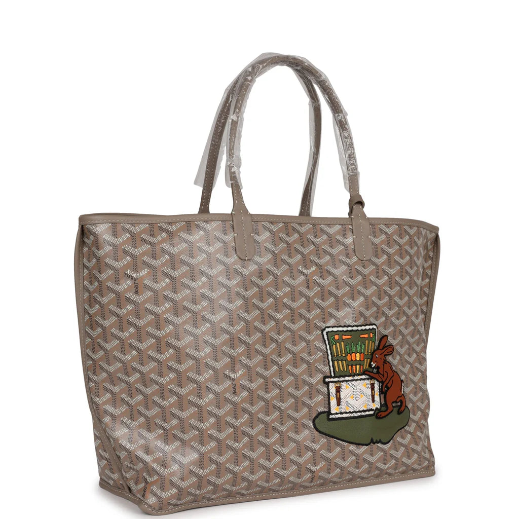 Goyard Goyardine Greige Anjou PM Embroidered Bunny Khaki Bag Palladium Hardware