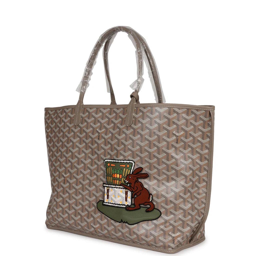 Goyard Goyardine Greige Anjou PM Embroidered Bunny Khaki Bag Palladium Hardware