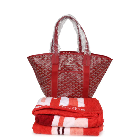 Goyard Limited Edition Eden Rock Belharra Beach Bag Red Goyardine Canvas & Chevroches Calfskin Palladium Hardware & Beach Towel