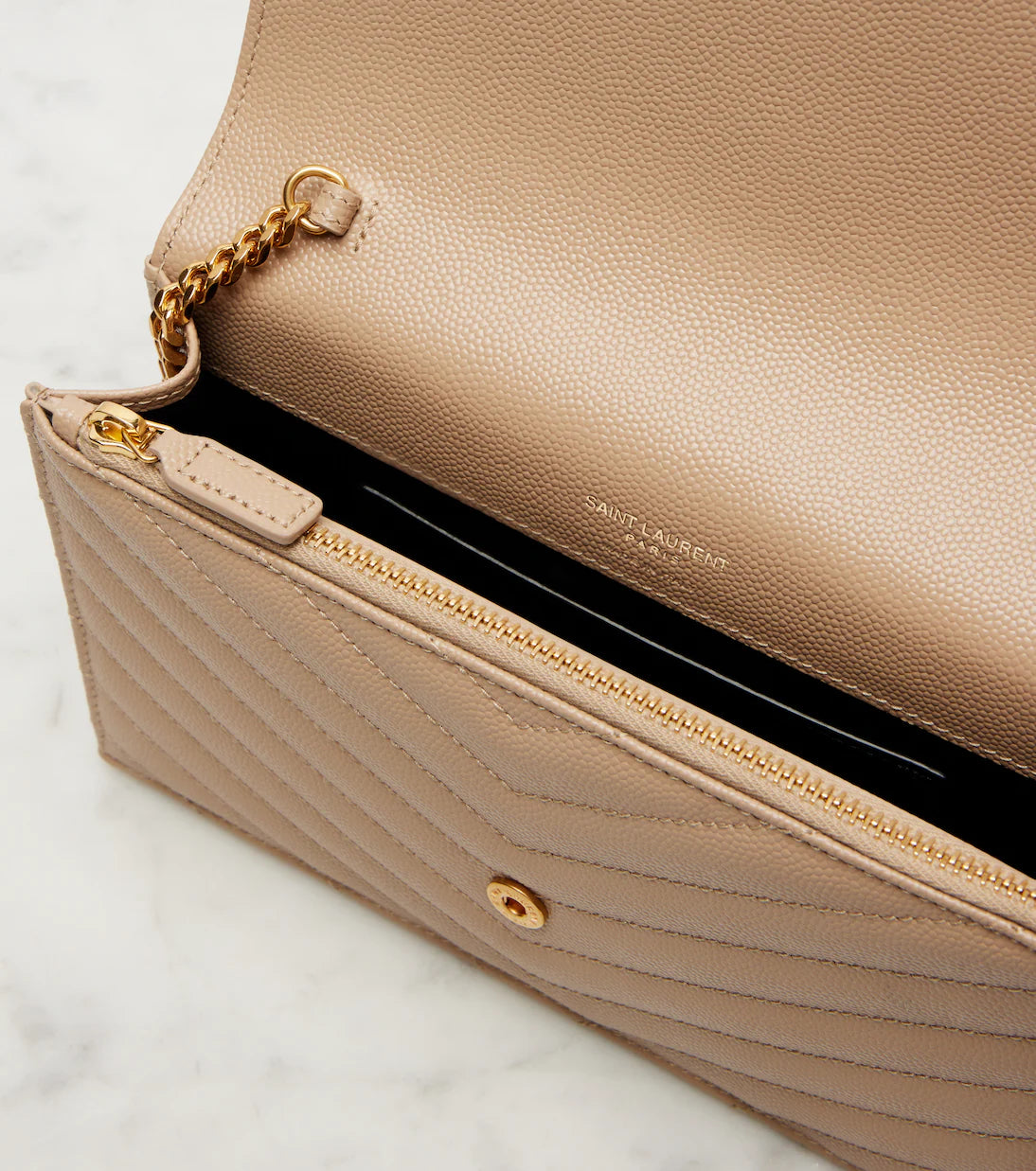 Saint Laurent Cassandre matelassé envelope leather wallet on chain 2025